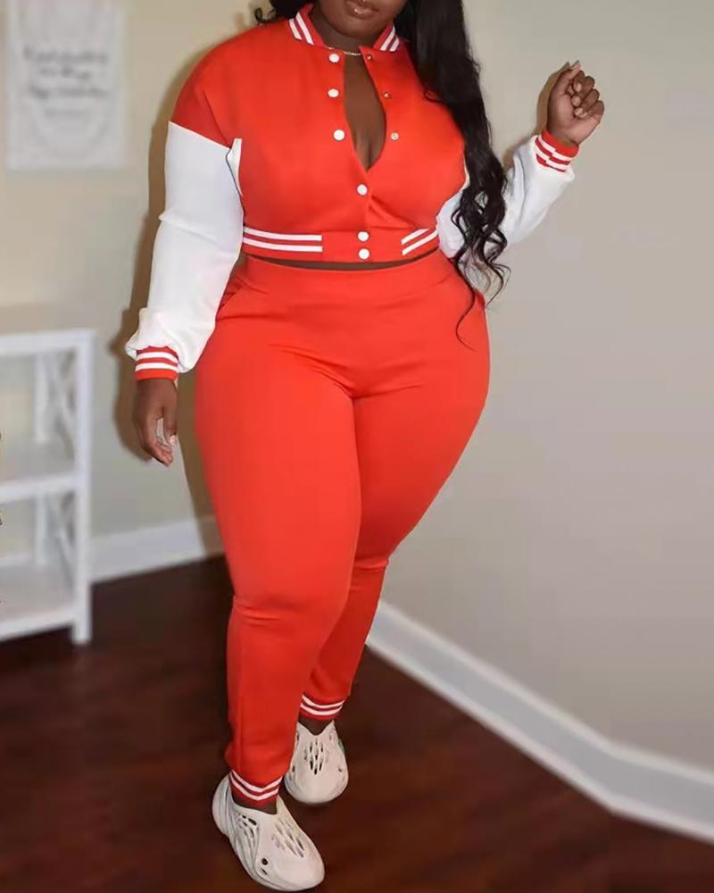 

Plus Size Striped Colorblock Baseball Jacket & Pants Set, Orange