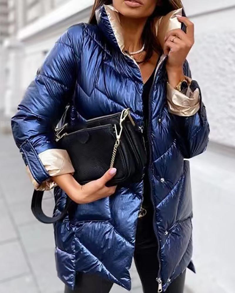 

High Neck Button Zipper Design Puffer Coat, Blue