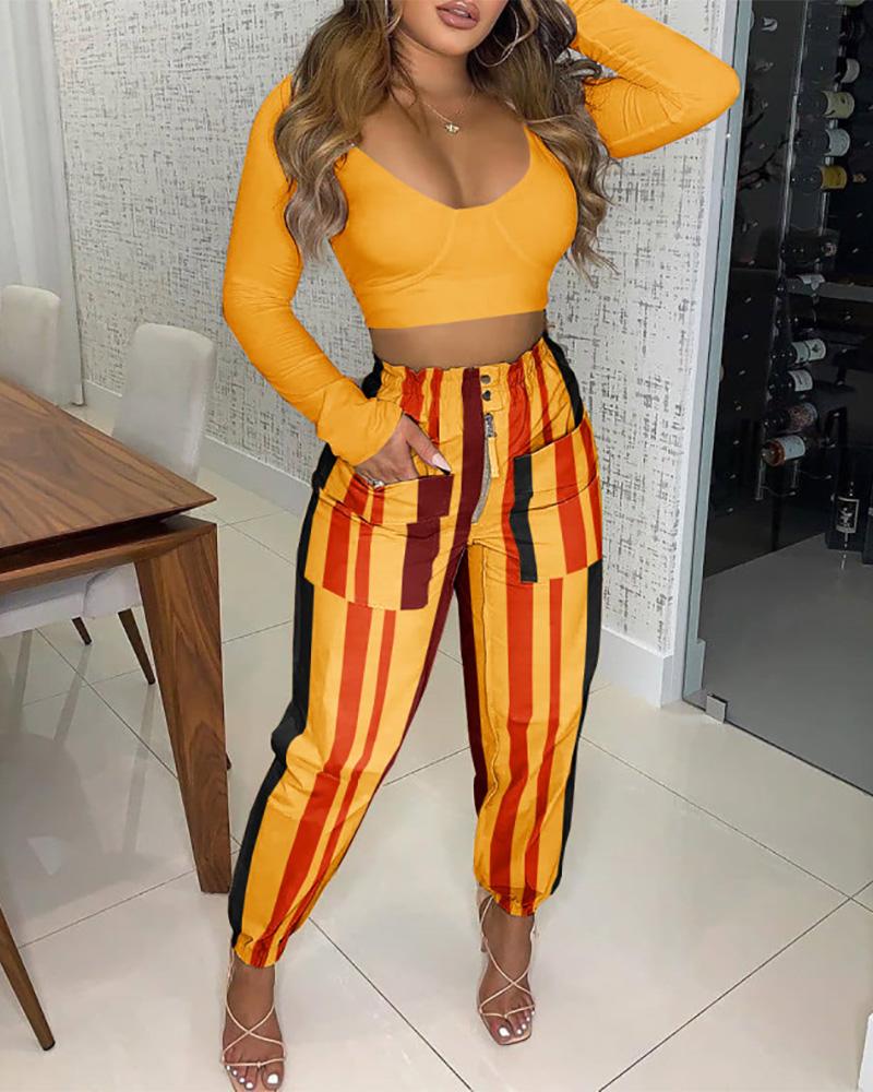 

Long Sleeve Crop Top & Colorblock Pants Sets, Yellow