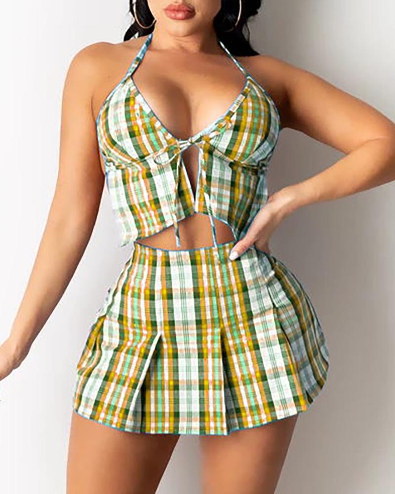 

Plaid Colorblock Backless Crop Top & Skirt Set, Green