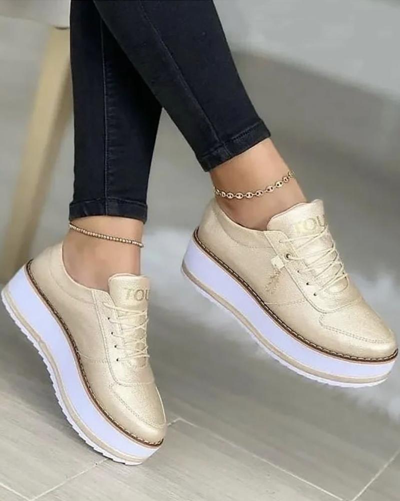 

Lace-up Platform Contrast Paneled Sneakers, Gold
