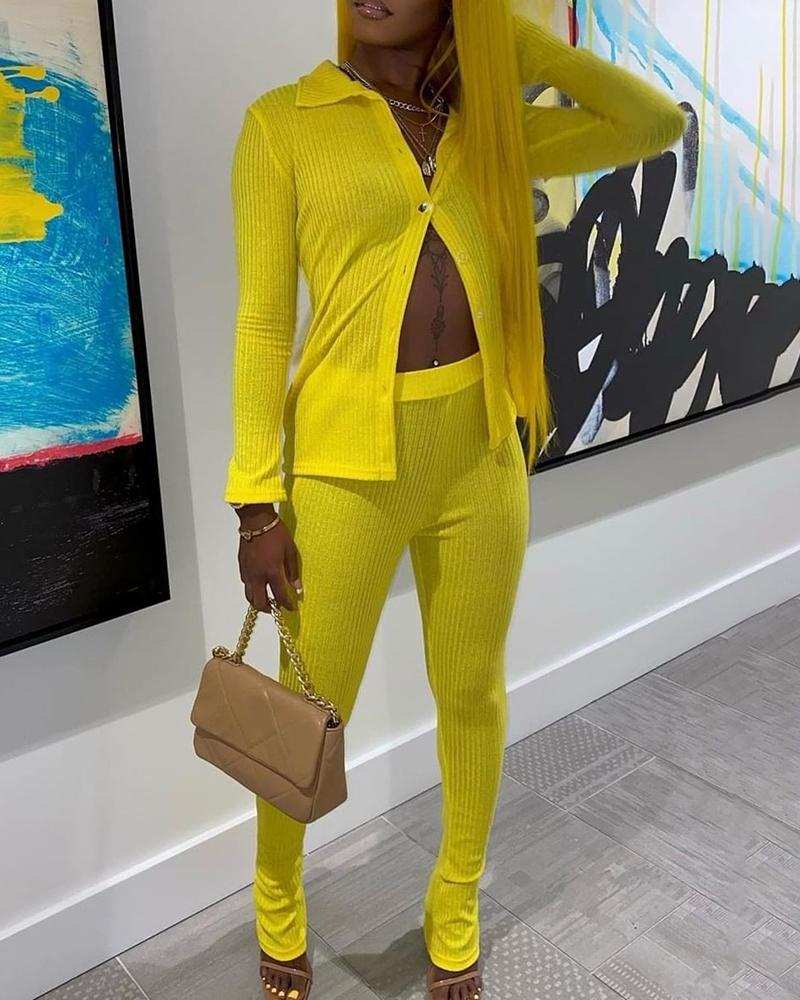 

Ribbed Long Sleeve Buttoned Top & Pants Set, Yellow