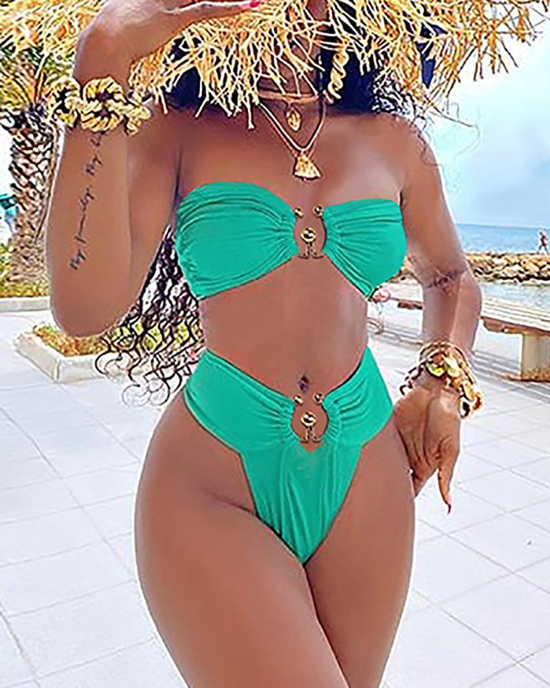 

Sleeveless Bandeau Ruched Bikini Set, Green