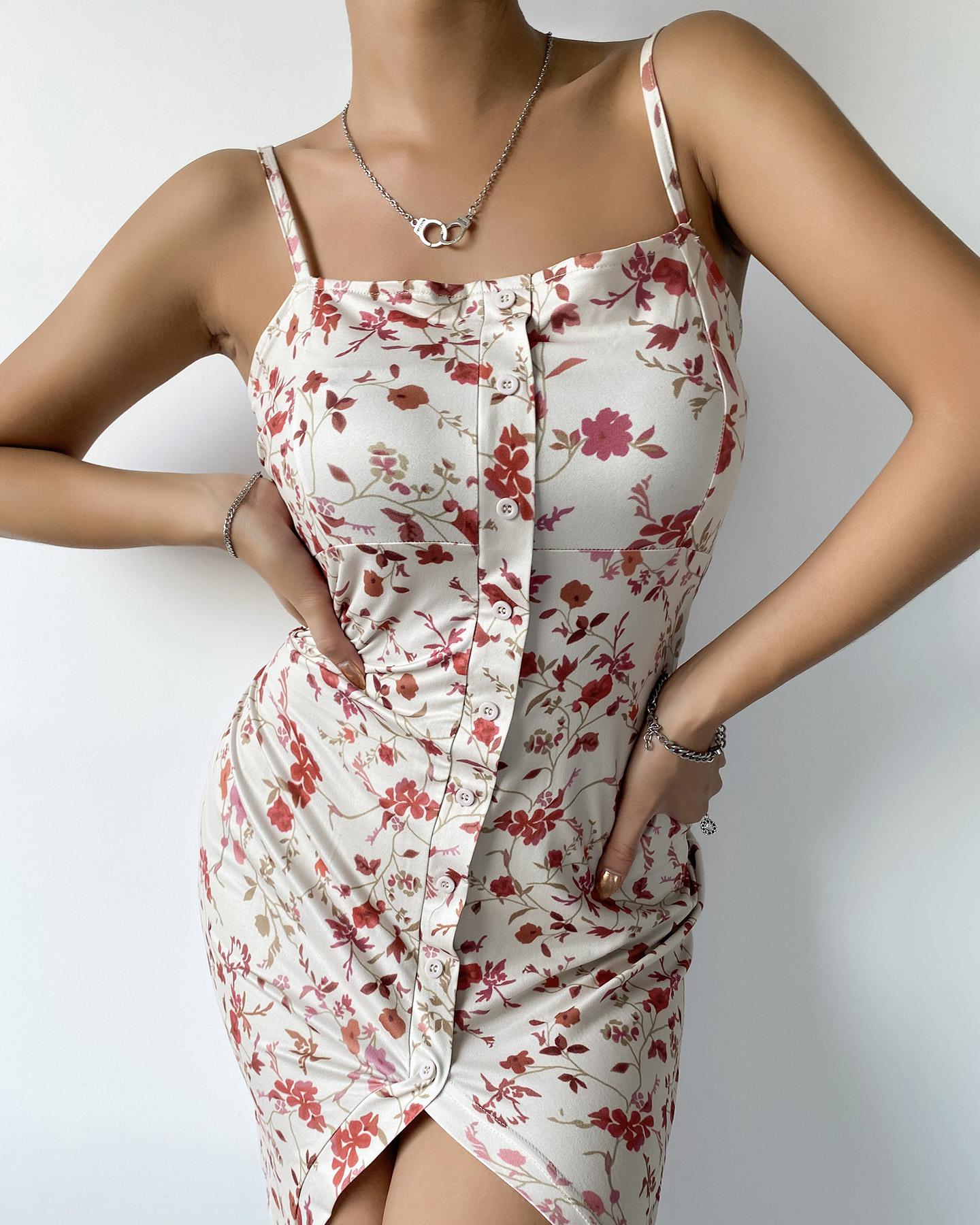 

Floral Print Spaghetti Strap Button Design Slit Dress, Apricot