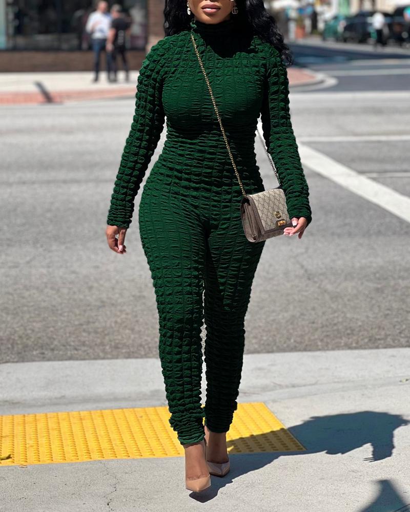 

Long Sleeve Textured Zip Back Jumpsuit, Green