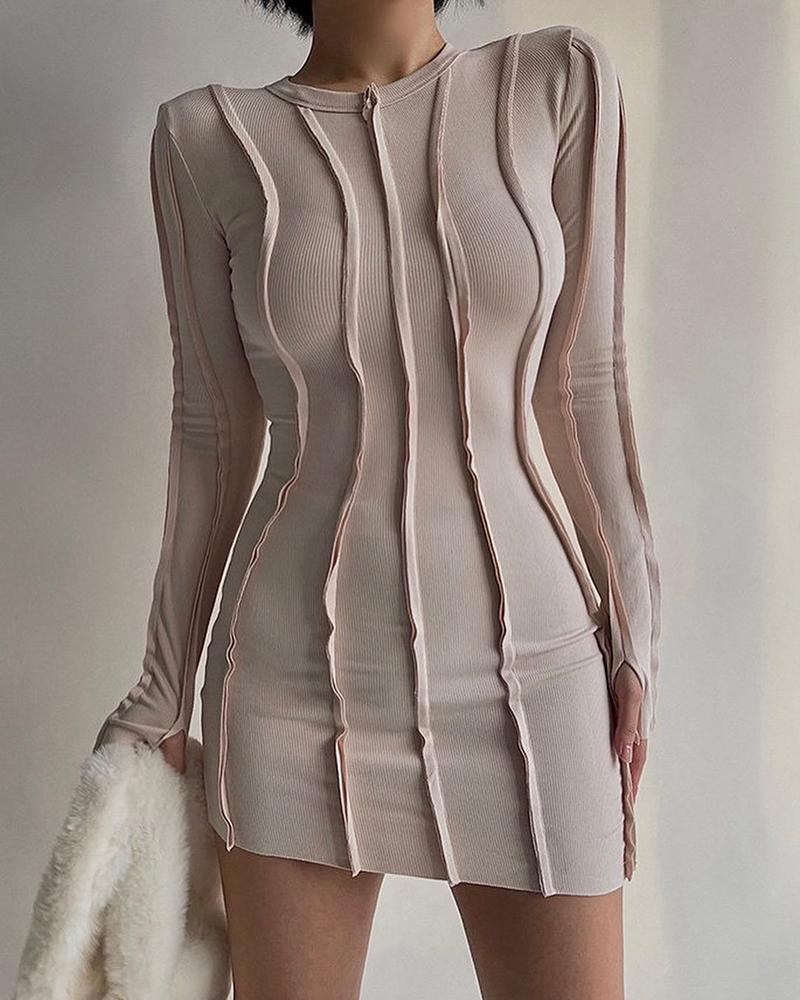 

Contrast Piping Long Sleeve Bodycon Dress, Pink