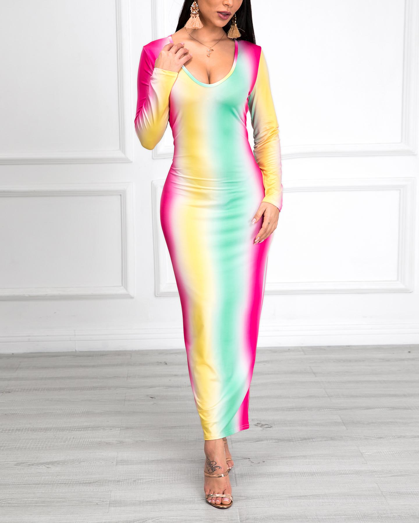 

Colorblock Tie Dye Long Sleeve Dress, Multicolor