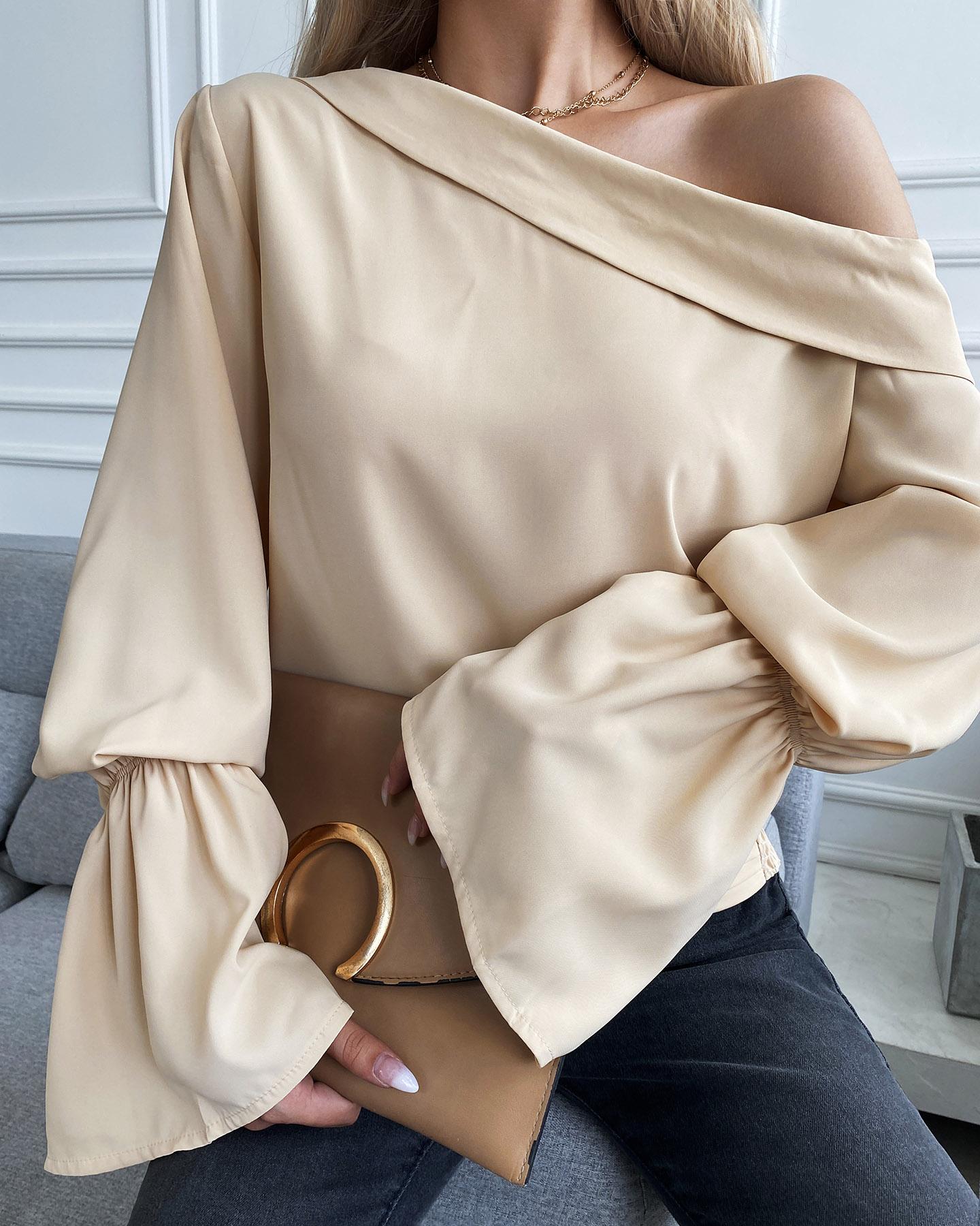 

One Shoulder Bell Sleeve Plain Blouse, Apricot