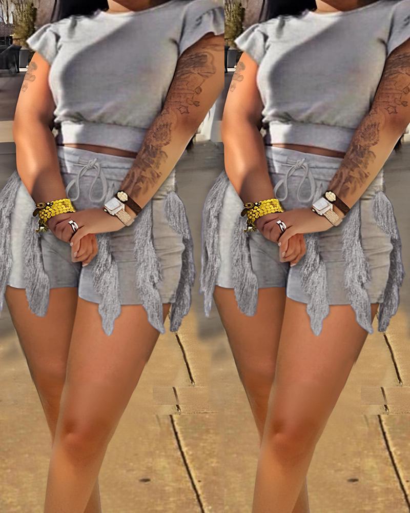 

Plus Size Flutter Sleeve Crop Top & Tassel Design Shorts Set, Gray
