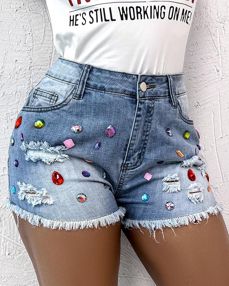 

Rhinestone Decor Raw Hem Denim Shorts, Blue