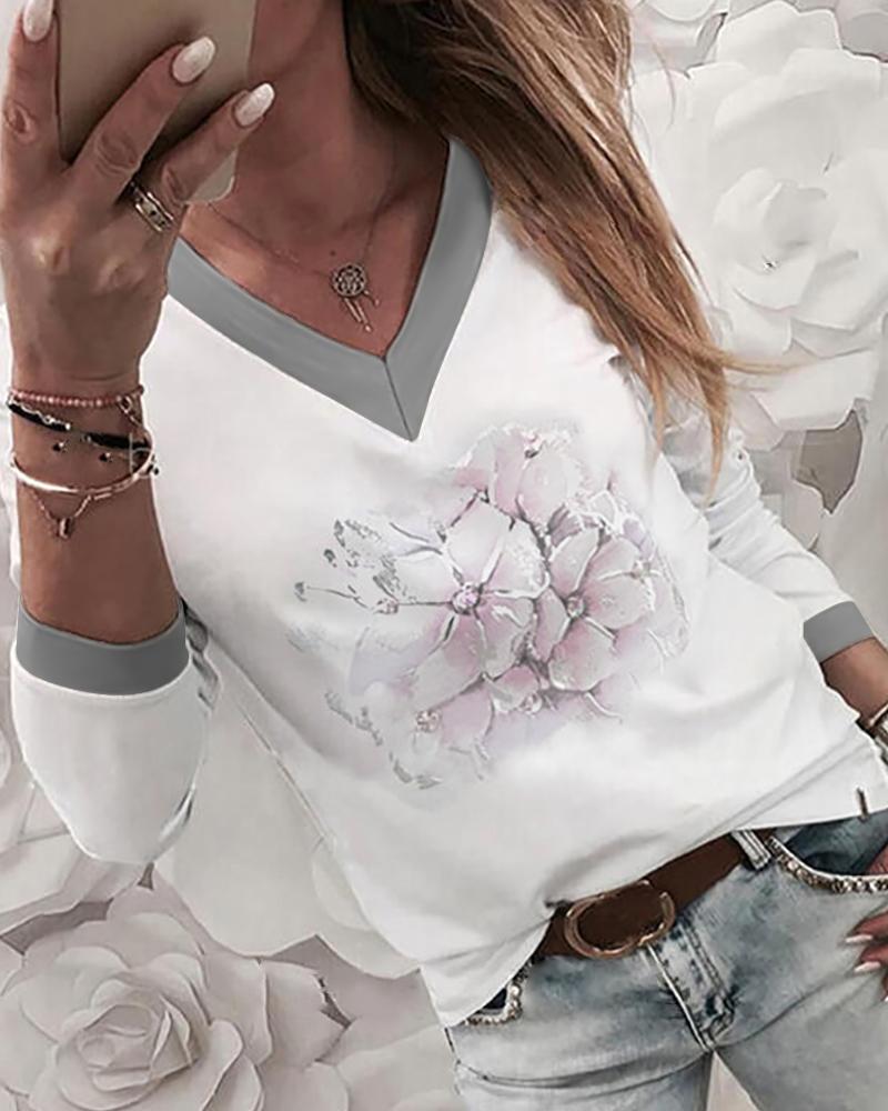 

Long Sleeve Floral print V Neck Sweatshirt, White