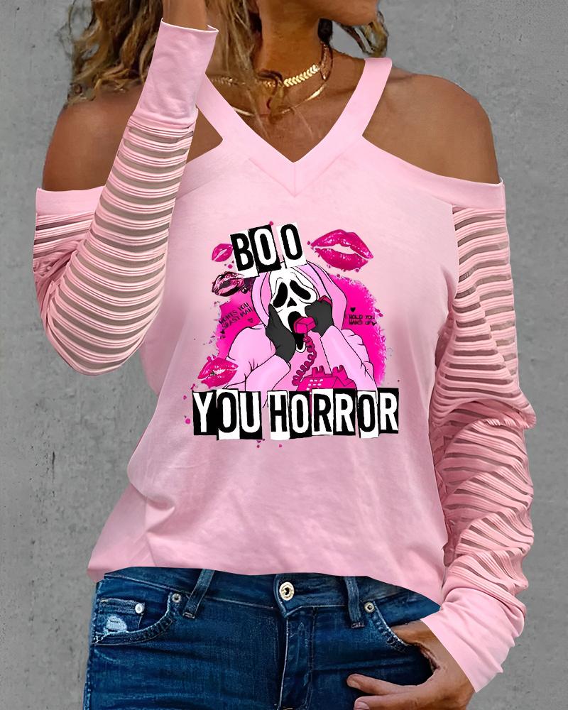 

Halloween Boo You Horror Lip Graphic Print Cold Shoulder Top, Pink