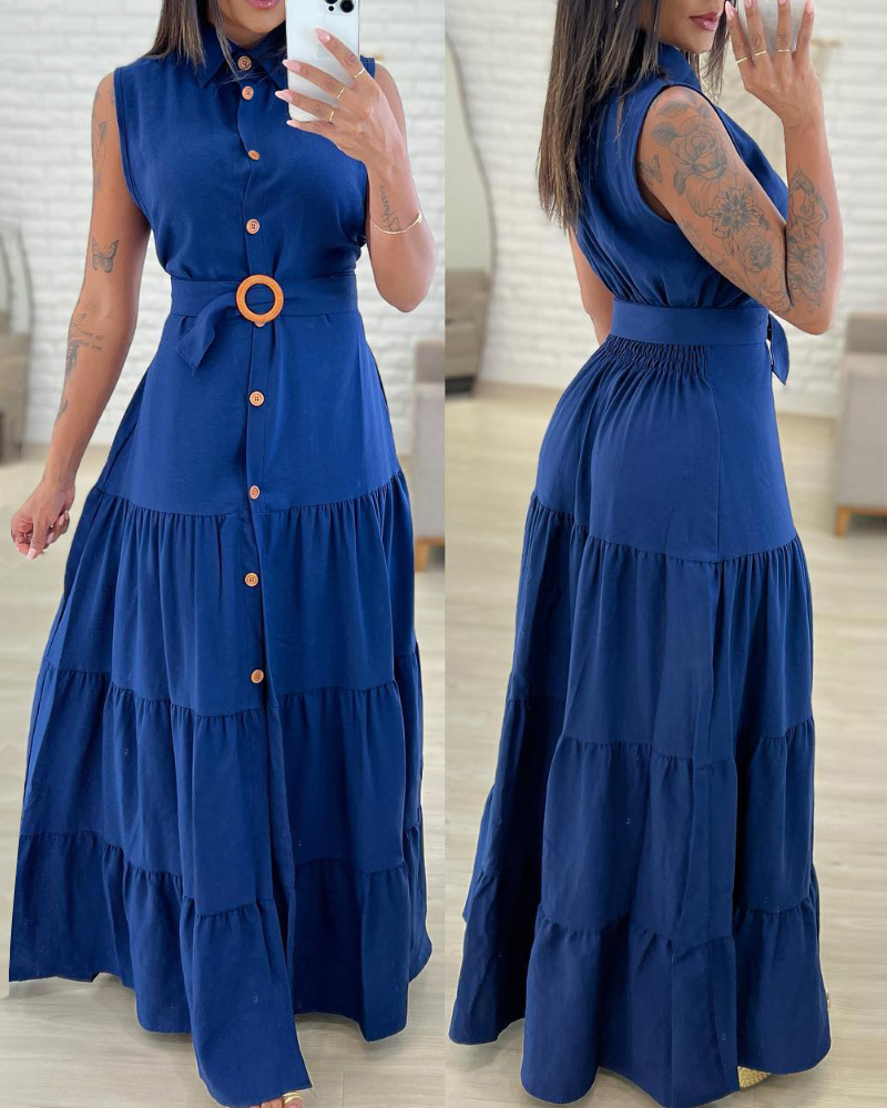 

Robe longue décontractée à col rabattu, sans manches, boutonnée sur le devant, avec ceinture et fente, Blue