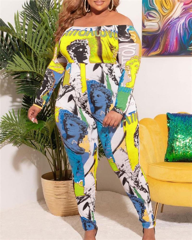 

Plus Size Figure Letter Print Off Shoulder Jumpsuit, Yellow