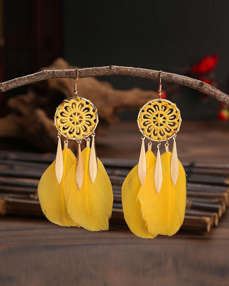 

1Pair Feather Decor Dream Catcher Shaped Drop Earrings, Yellow