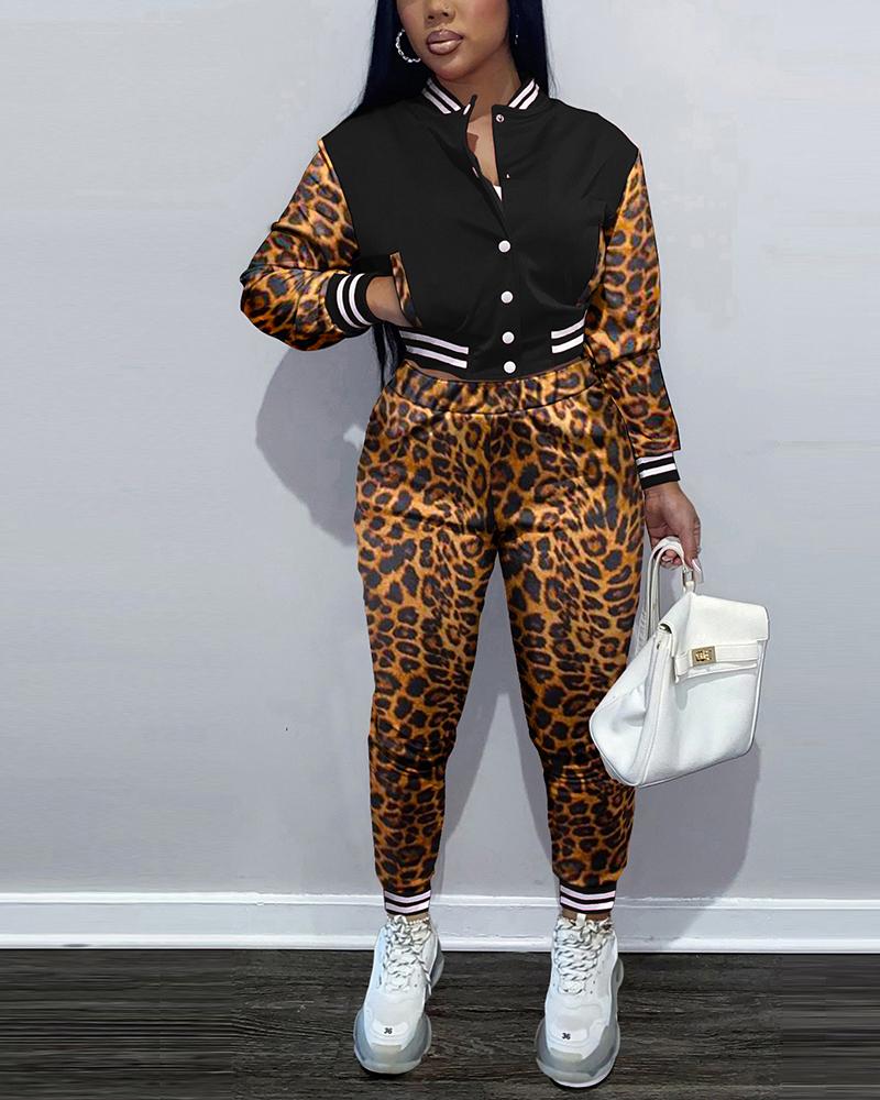 

Leopard Print Button Front Bomber Jacket & Pants Set