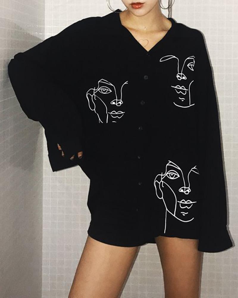 

Print Long Sleeve Buttoned Shirt, Black