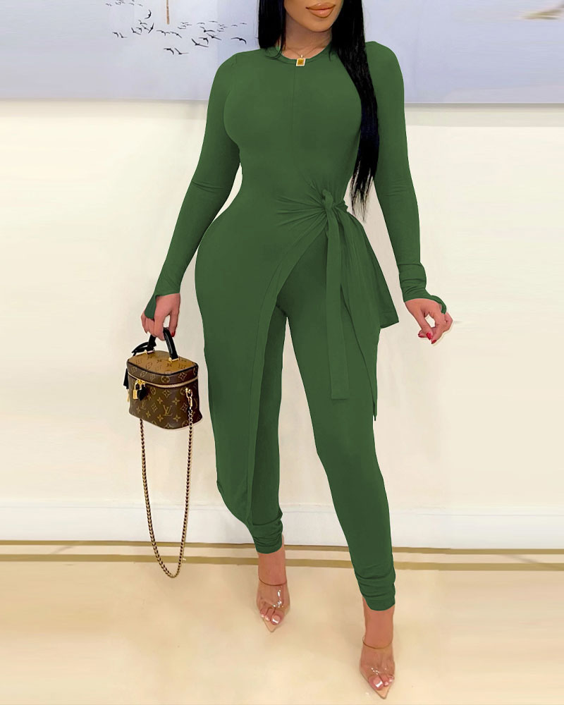 

Asymmetrical Tied Detail Top & Pants Set, Army green