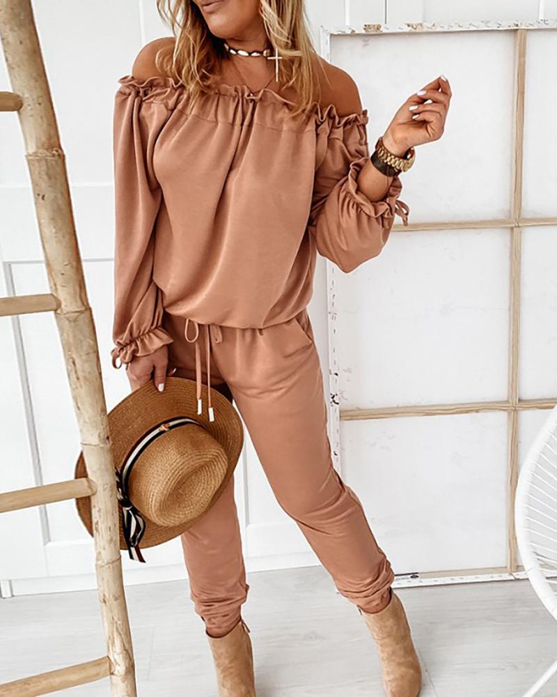 

Off Shoulder Long Sleeve Drawstring Frill Hem Jumpsuit, Khaki