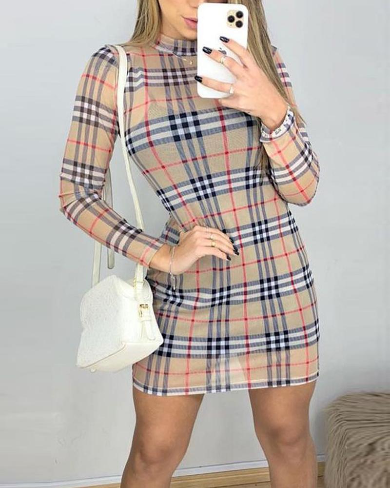 

Plaid Print Long Sleeve Mesh Bodycon Dress, Style1