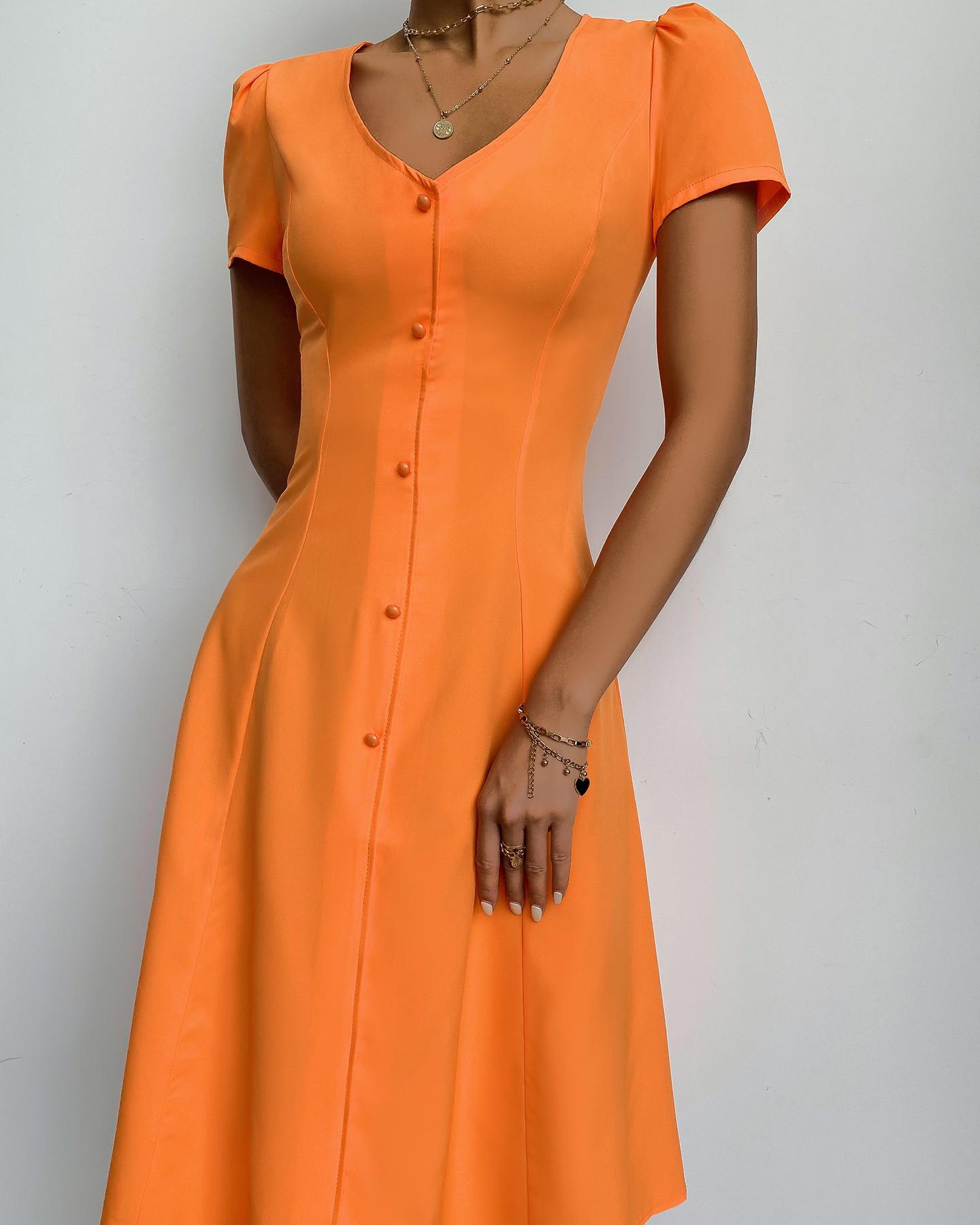 

Button Front Short Sleeve V-Neck Casual Dress, Orange