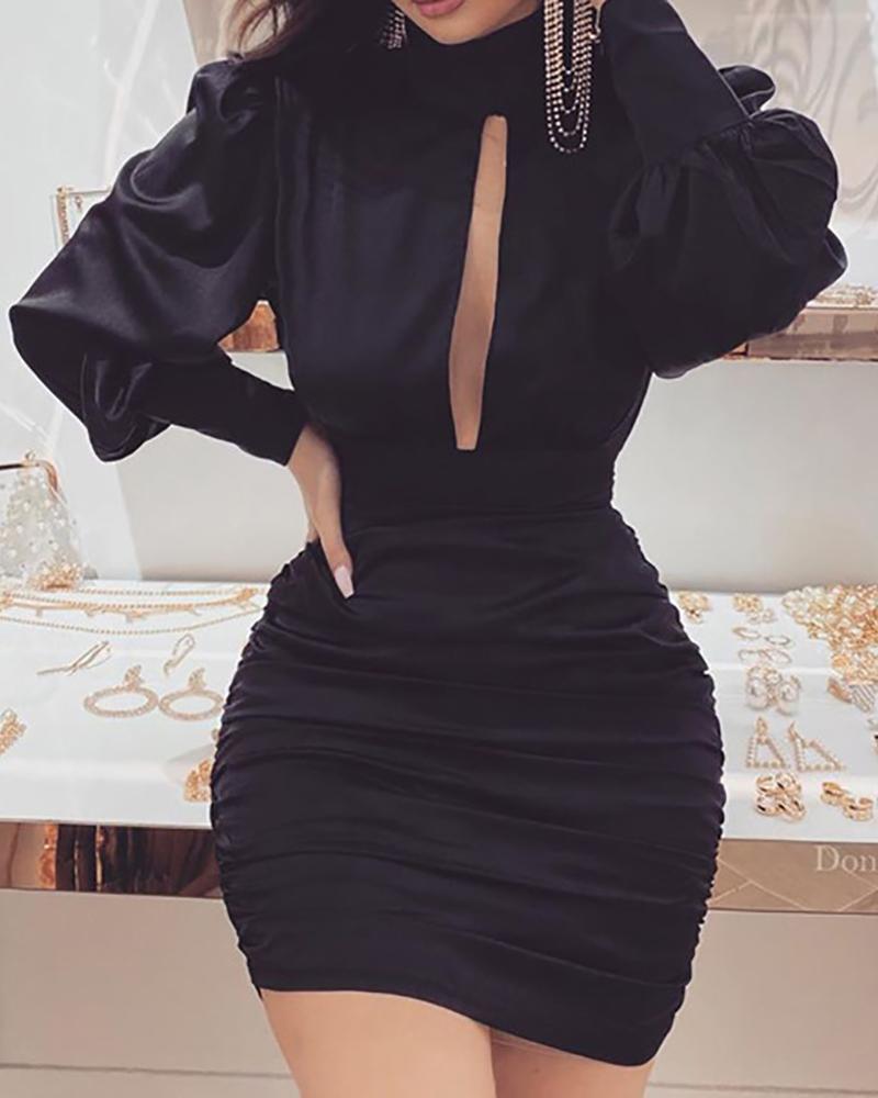 

Ruched Design Cut Out Mock Neck Bodycon Dress, Black