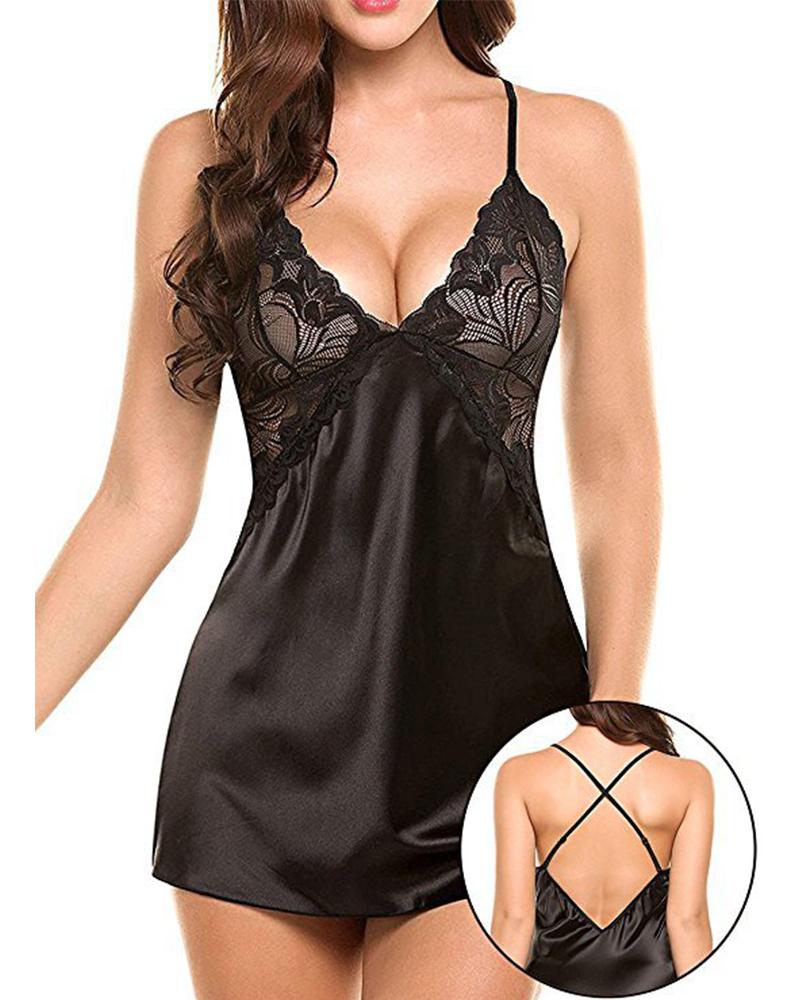 

Crisscross Backless Crochet Lace Satin Nightgown, Black