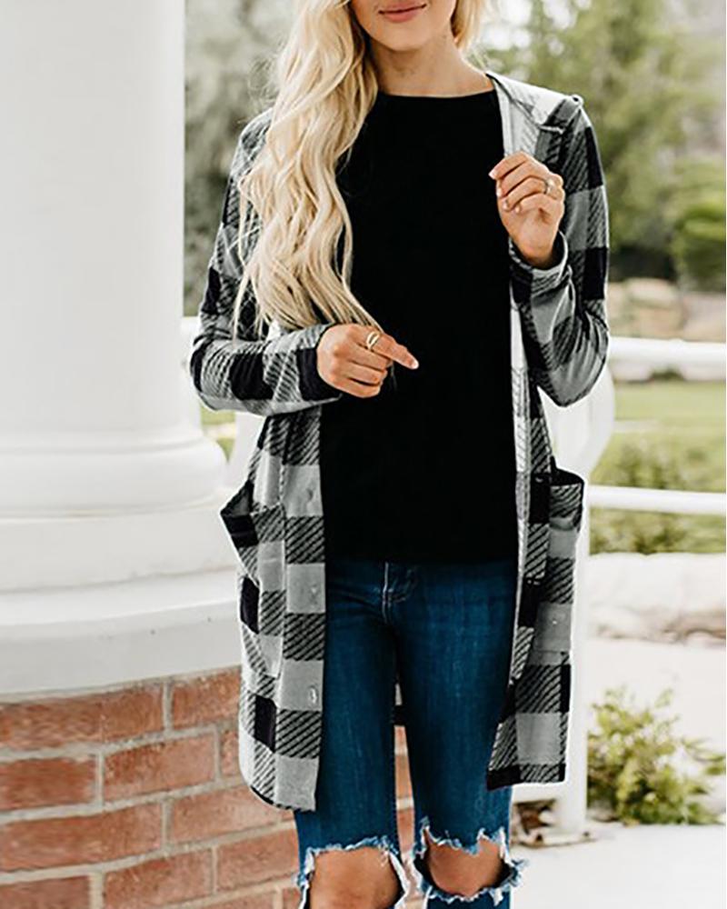 

Plaid Print Buttoned Long Sleeve Hooded Coat, Black