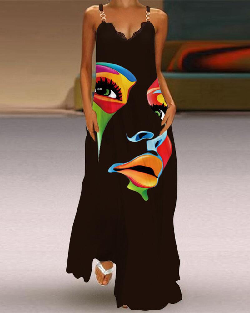 

Abstract Figure Print Chain Strap Maxi Dress, Black