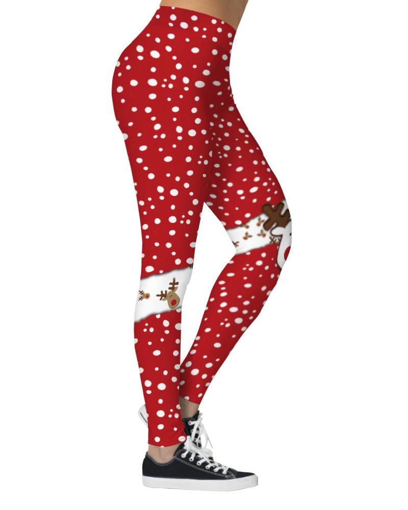 

Christmas Dot Reindder Print High Waist Skinny Pants, Red
