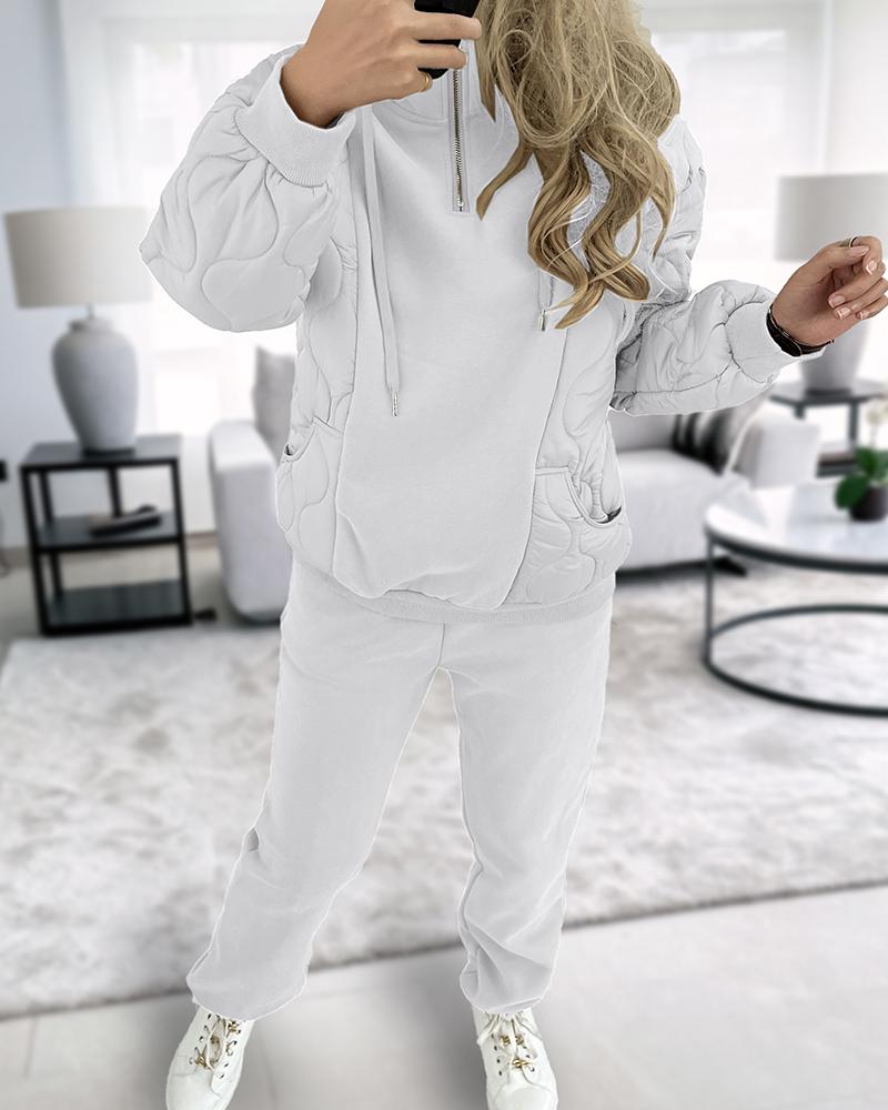 

Pullover Hooded Puffer Coat & Cuffed Pants Set, White
