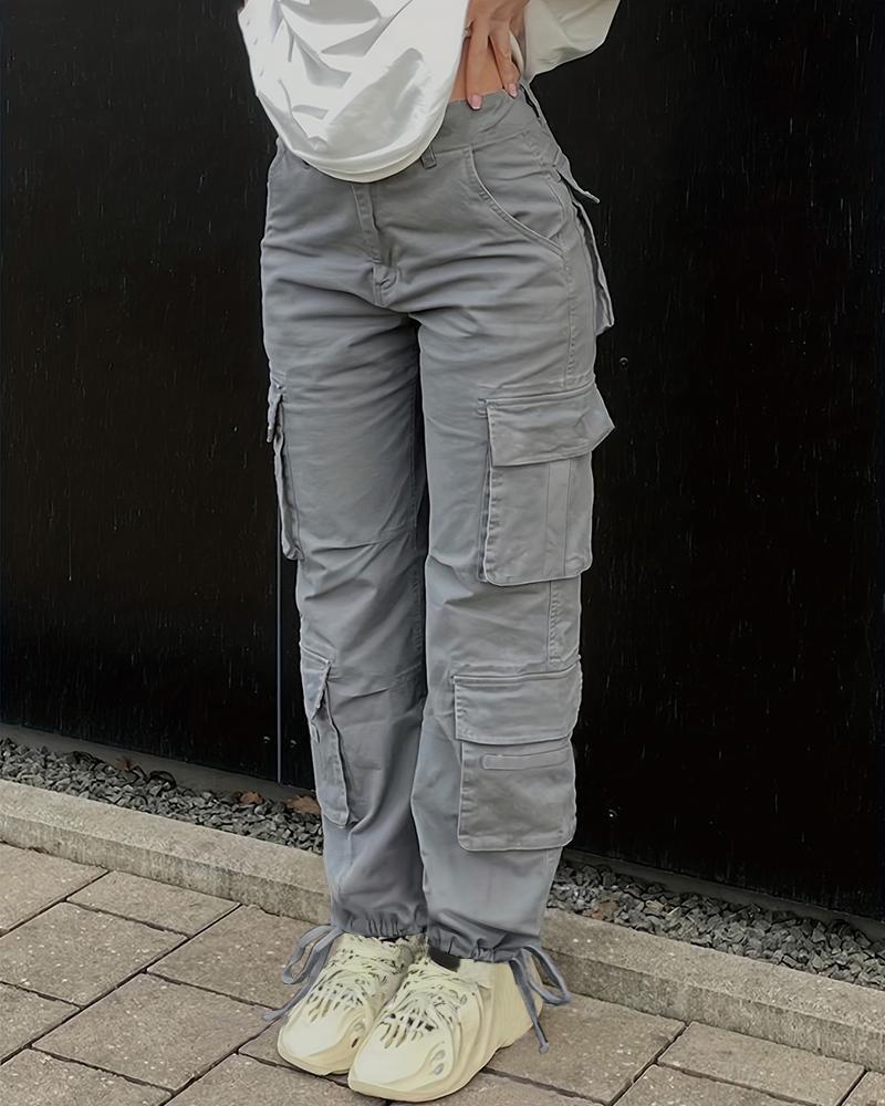

Pocket Design Low Waist Cuffed Cargo Pants, Gray