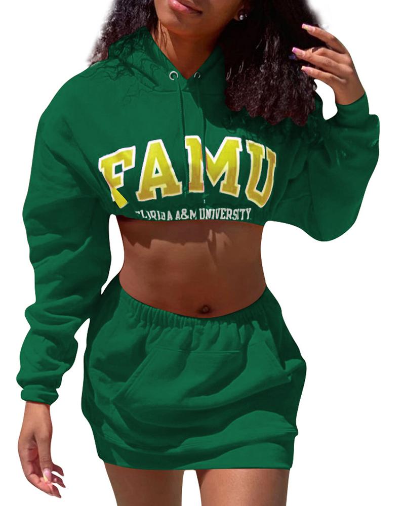 

Letter Print Long Sleeve Hooded Crop Sweatshirt & Pocket Design Skirt Set, Green