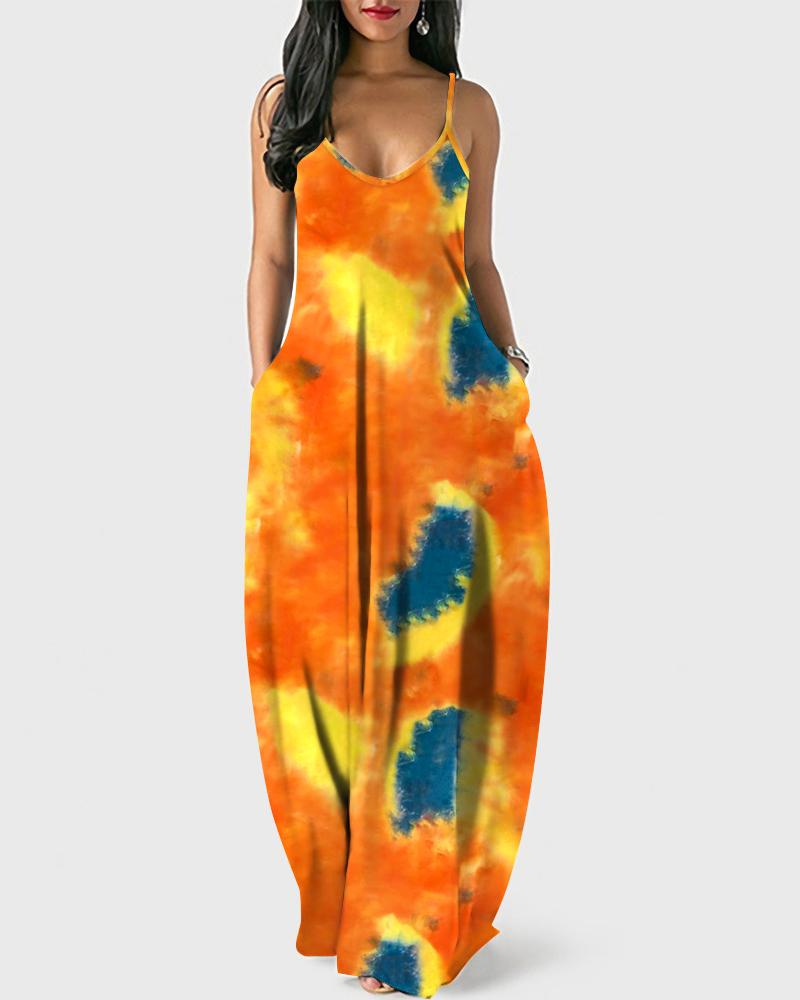 

Tie Dye Print Spaghetti Strap Maxi Dress, Orange