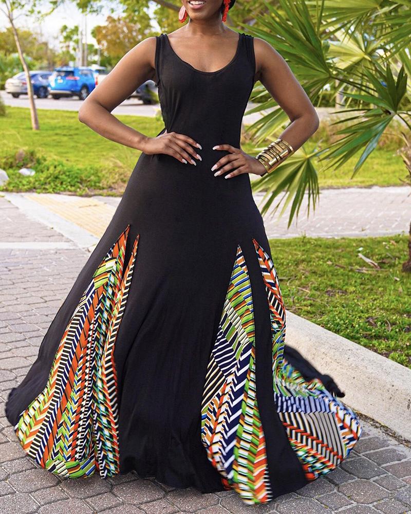 

Colorblock U-Neck Sleeveless Casual Maxi Dress, Black