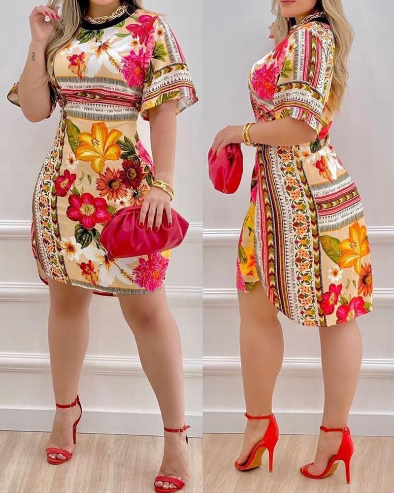 

Floral Print Half Sleeve Dress, Multicolor