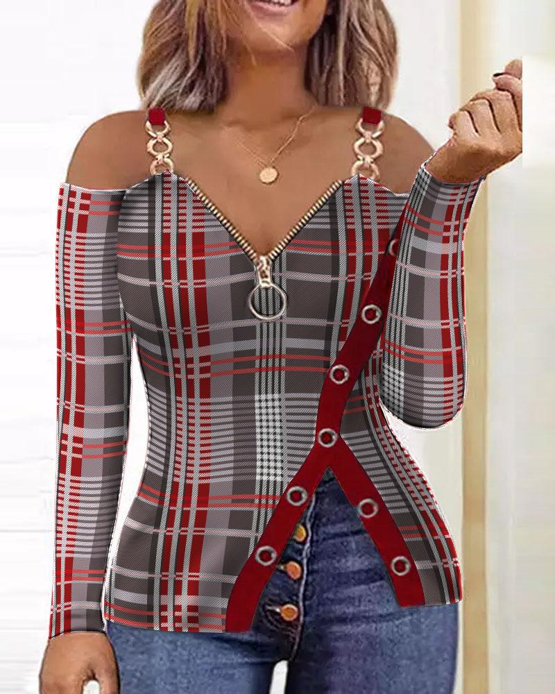 

Plaid Print Zip Detail Cold Shoulder Top, Wine red