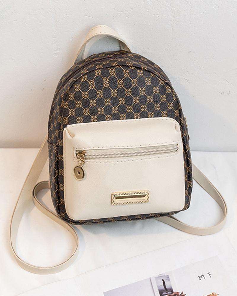 

Geometric Print Zipper Design Backpack, White