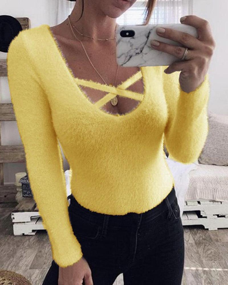 

Solid Cutout Fluffy Long Sleeve Sweater, Yellow