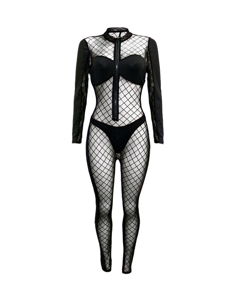 

Zip Front Fishnet Sheer Mesh Skinny Jumpsuit, Black