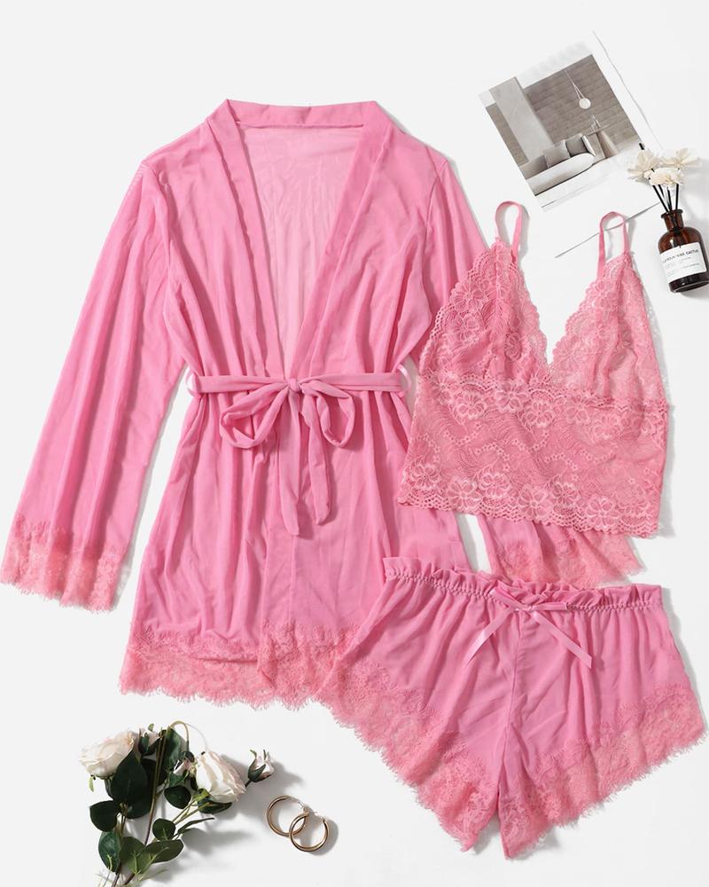 

3PCS Bowknot Decor Lace Cami Set With Belted Robe, Pink