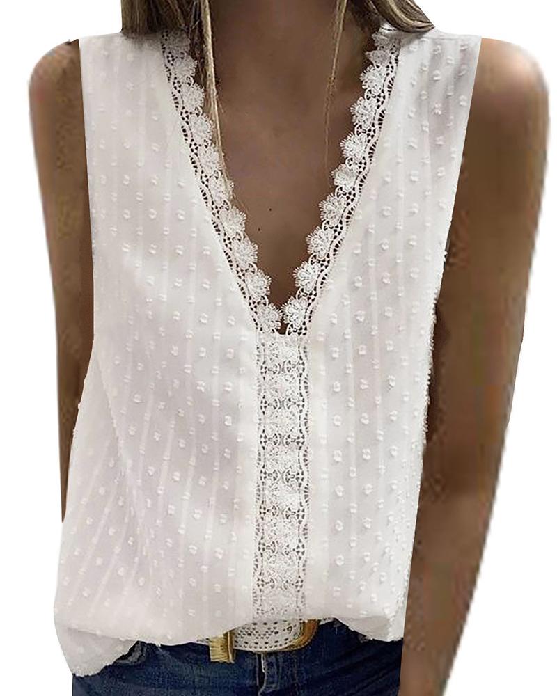 

Swiss Dot Lace Patch Tank Top, White