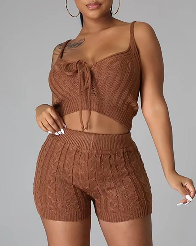

Knit Tied Detail Top & High Waist Shorts Set, Dark brown