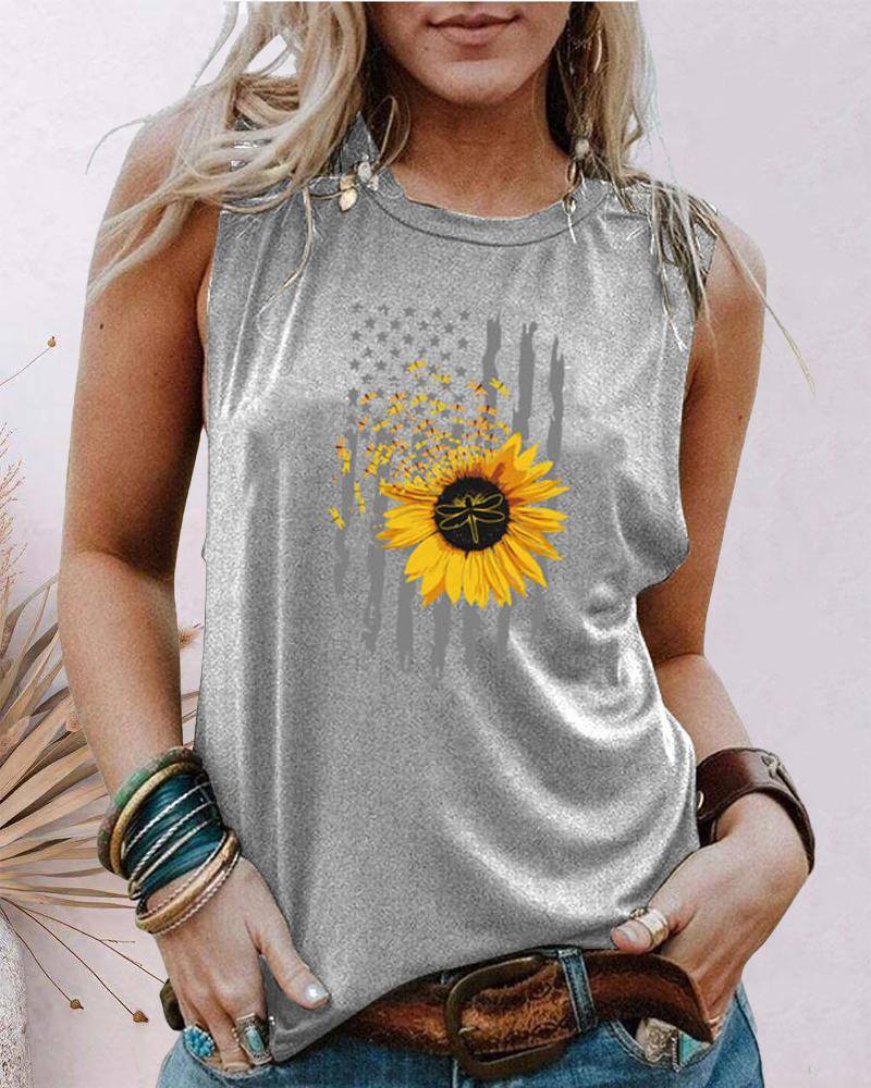 

Independence Day Sunflower Flag Print Tank Top, Gray