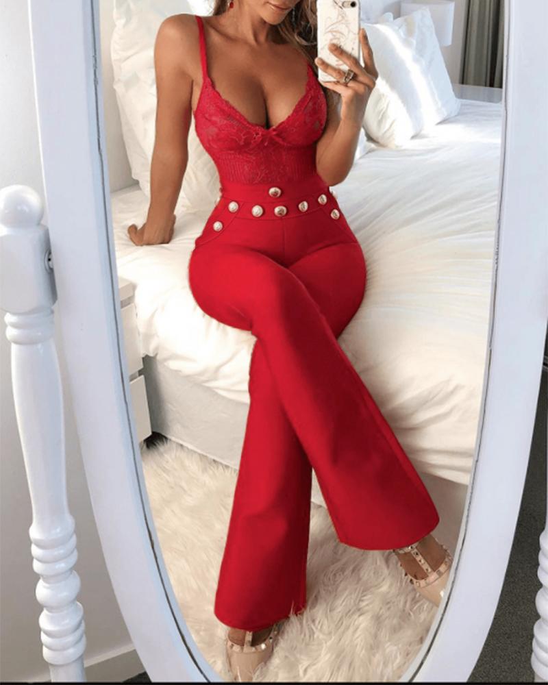 

High Waist Mental Button Slim Fit Wide Leg Casual Pants, Red