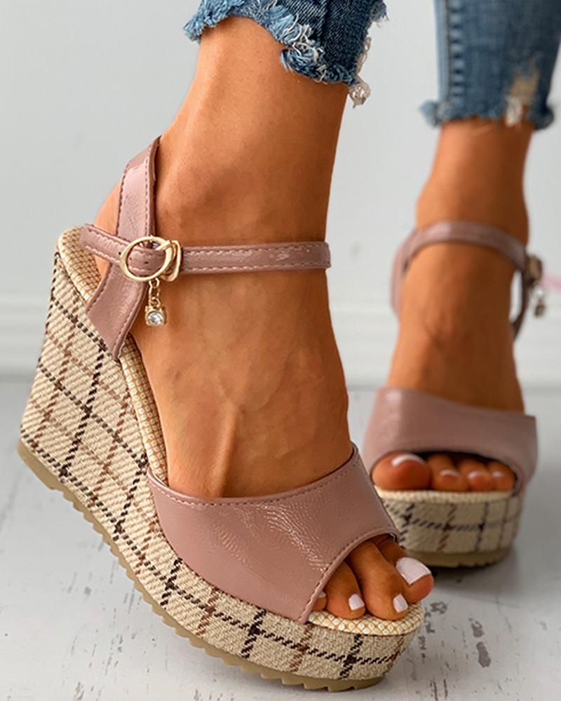 

Plaid Peep Toe Buckled Studded Decor Wedge Sandals, Pink