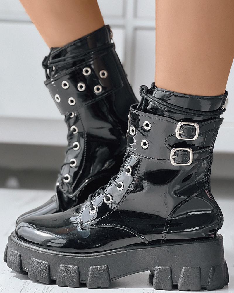 

Eyelet Buckled Martin Boots, Black