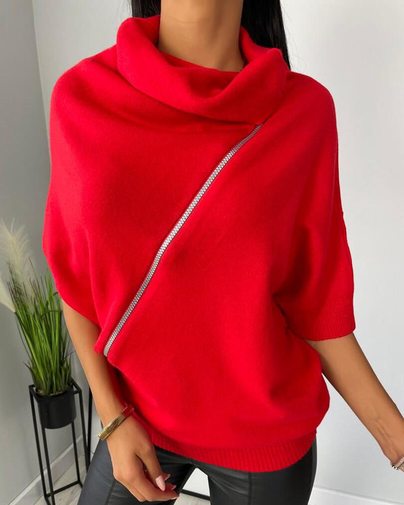 

High Neck Zipper Design Batwing Sleeve Sweater, Red
