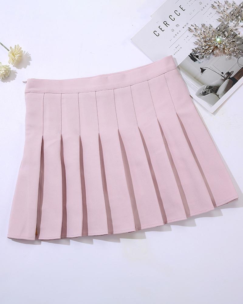 

Plain High Waist Pleated Skirt, Pink