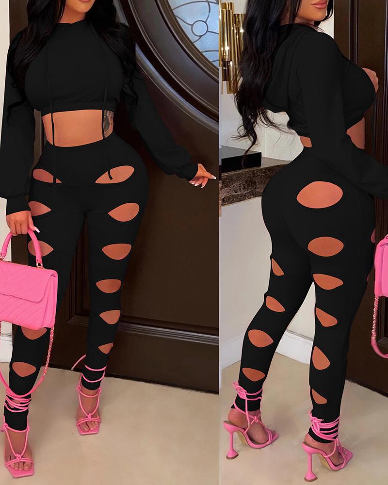 

Long Sleeve Hooded Top & High Waist Cutout Pants Set, Black